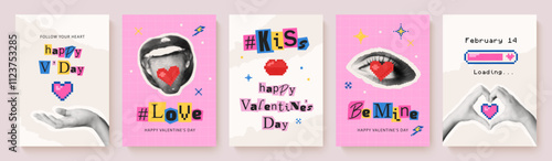 Set of trendy retro valentine's day cards with pixelated and halftone elements. Collection of cards in trendy Y2K style with 8 bit hearts and paper cut out collage elements. Vector illustration.