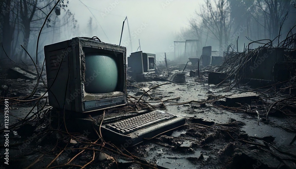 an old broken computer in a dirty wasteland