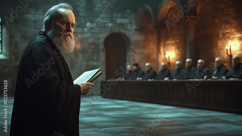 Galileo Galilei addressing the Inquisition in a dimly lit chamber, historic trial scene.  
 photo