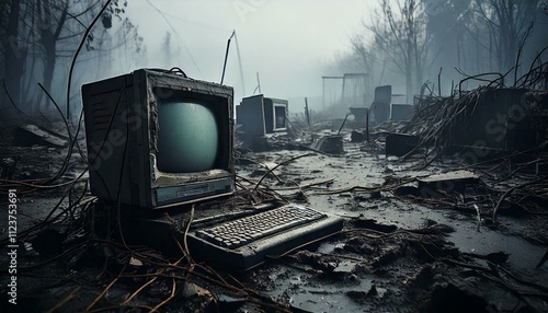 Obraz na płótnie an old broken computer in a dirty wasteland w salonie