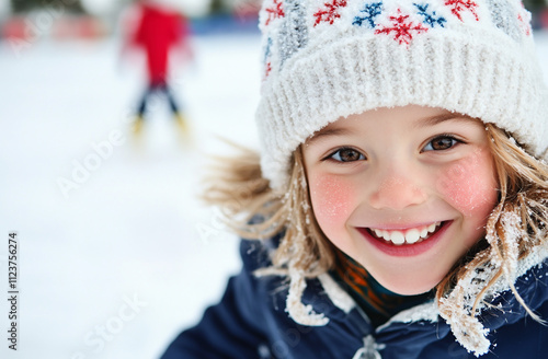 A close-up of a smiling child’s face, with rosy cheeks and a winter hat, on the ice rink. photo