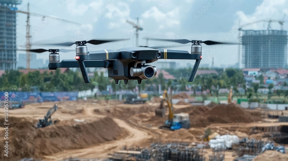 Fototapeta premium Drone surveying large construction site for new real estate development urban environment aerial view technology concept