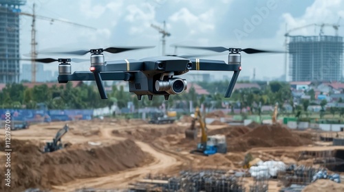 Drone surveying large construction site for new real estate development urban environment aerial view technology concept photo