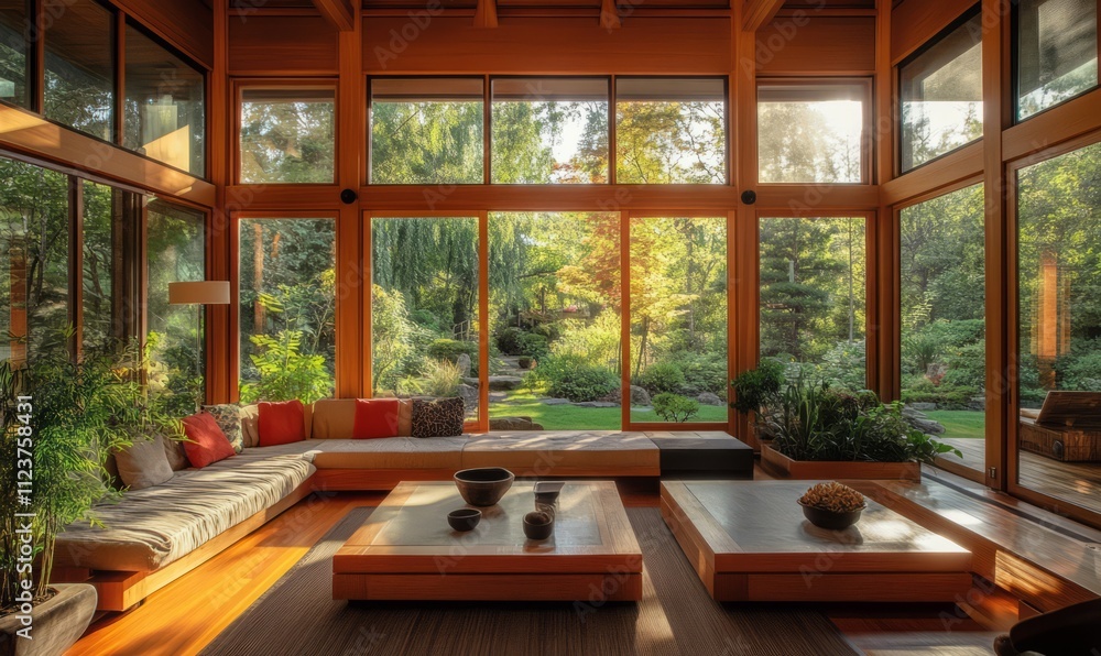 Fototapeta premium Modern Japanese-style living room with large windows showcasing a lush garden.