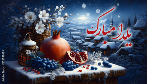 happy Yalda night greeting card pomegranate watermelon winter snow artistic painting horizontal