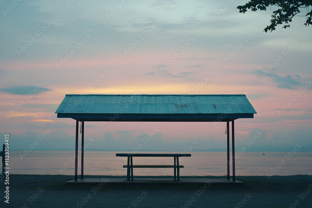 Serene sunset over calm lake, empty picnic shelter. Serene sunset over calm lake, empty picnic shelter.