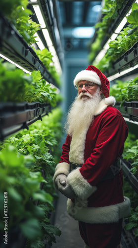 Santa Inspecting Hydroponic Systems in a Vertical Farm