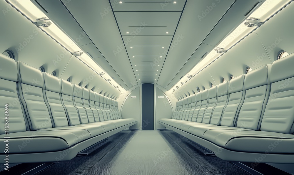 Obraz premium Empty interior of a private jet airplane cabin with modern white leather seats.