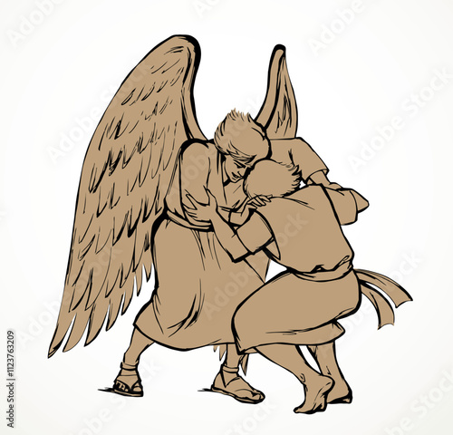 Vector drawing. Man fight with Angel