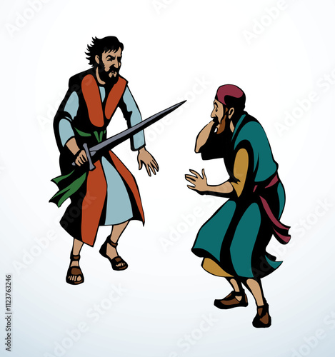 Vector drawing. Afraid man in eastern clothes