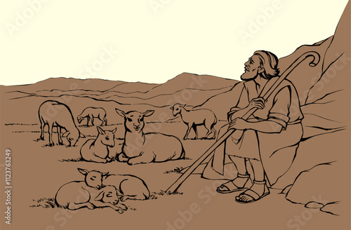Vector drawing. Shepherd with sheep