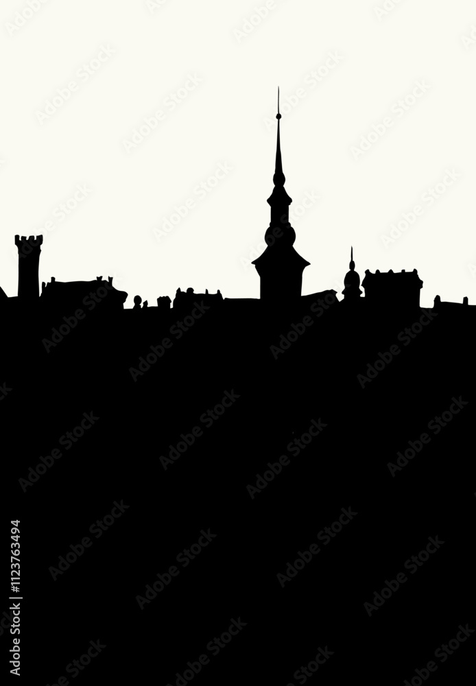 Naklejka premium Vector drawing. Medieval cathedral in the center of the city square