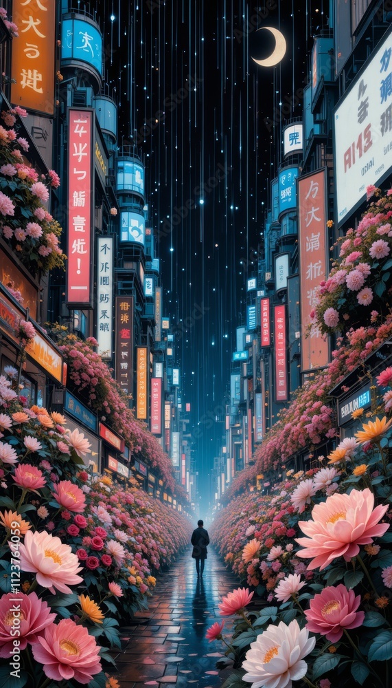 Fototapeta premium Vibrant city street illuminated by neon lights and adorned with flowers at night