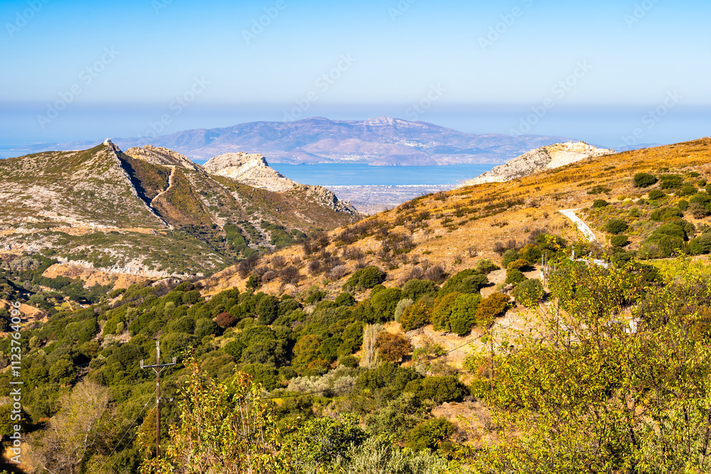 View of mountain farming landscape and sea, Naxos island, Cyclades, Greece