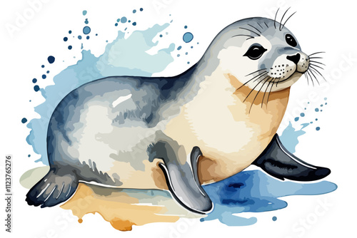 A sweet hand-painted watercolor illustration of a cute seal, showcasing soft colors isolated on white background. Adorable marine mammal vector illustration.