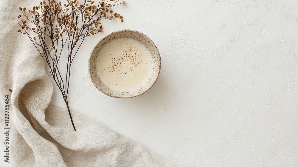 A bowl of milk sits beside a twig sprig on a white tablecloth A bowl of milk sits beside a twig sprig on a white tablecloth