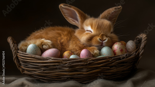 A fluffy rabbit snoozes happily in a woven basket surrounded by pastel-colored Easter eggs, creating a warm and festive atmosphere photo