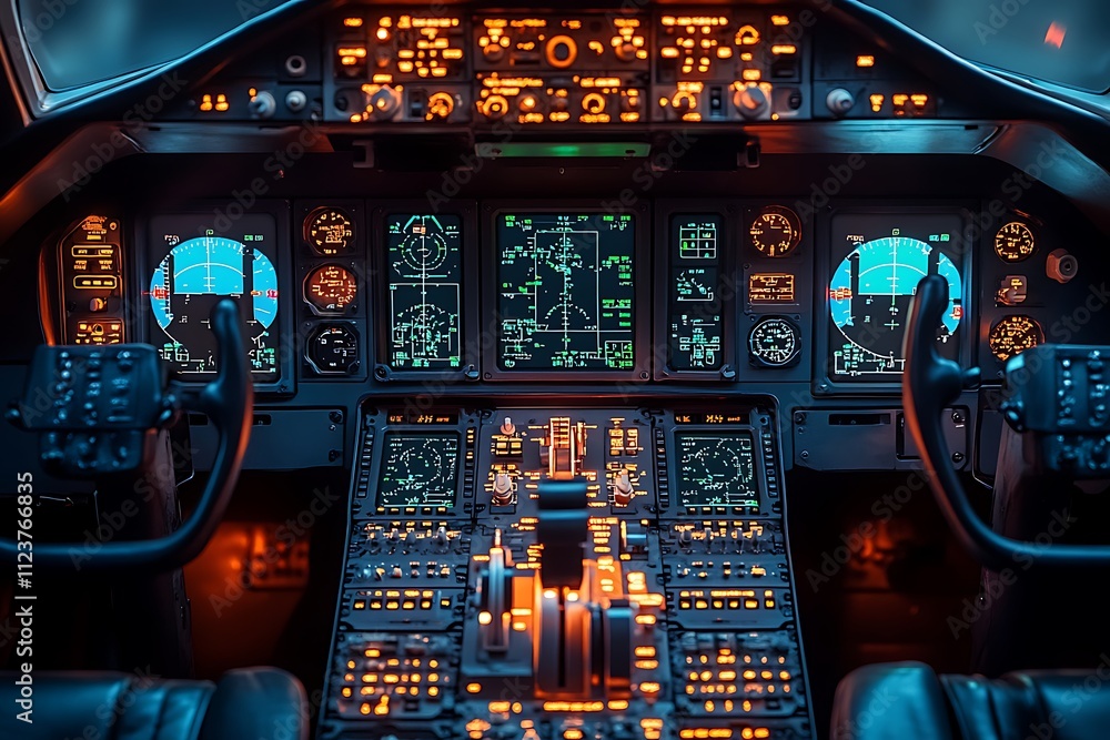 Fototapeta premium The intricate control panel of a modern aircraft cockpit.