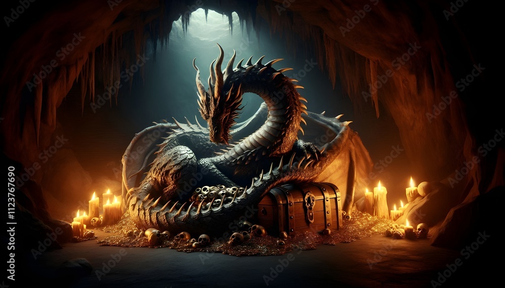 Dragon in Glowing Cave with Mystical Treasures Dragon in Glowing Cave with Mystical Treasures