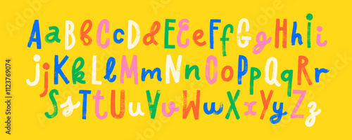 Bold childish alphabet with lowercase and uppercase letters. Brush drawn funky typography.