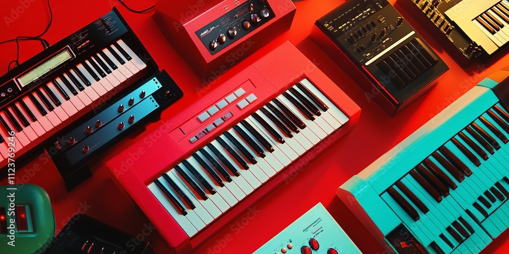 Fototapeta premium Retro-style musical gear featuring bold-colored keys and controls