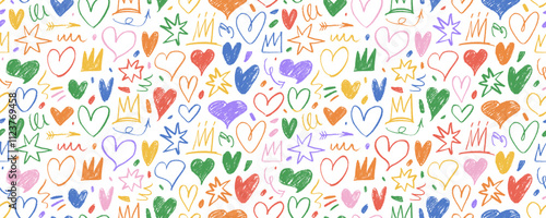 Colorful seamless pattern with cute crayon drawn hearts and crowns. Childish style background with romantic symbols.