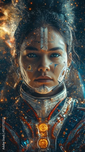 Portrait of a woman in intricate armor with tribal face paint against a cosmic backdrop