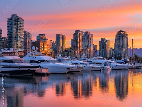 Tranquil seaside cityscape at sunset with boats docked in a harbor photo