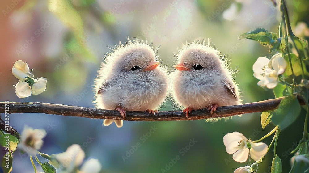 Fototapeta premium Small birds perched on a tree, surrounded by white-flowered branches