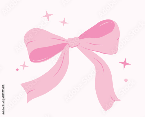 Pink bow. Vector illustration with a ribbon bow drawn by hand. Cute doodle drawing in pastel colors. A trendy accessory. An element for decorating holiday cards and greetings.
