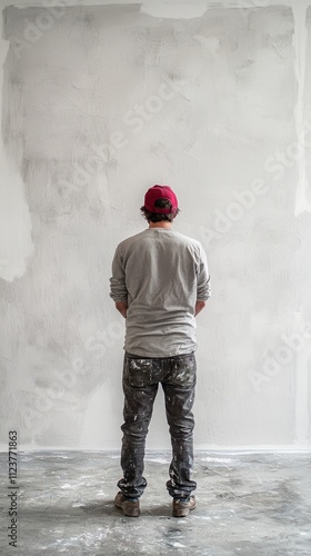 Worker preparing to paint a blank wall in a modern interior space