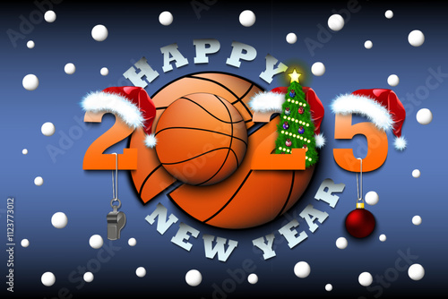 Happy new year. 2024 with basketball ball. Numbers in Christmas hats with whistle and Christmas tree ball. Original template design for greeting card. Vector illustration on isolated background photo