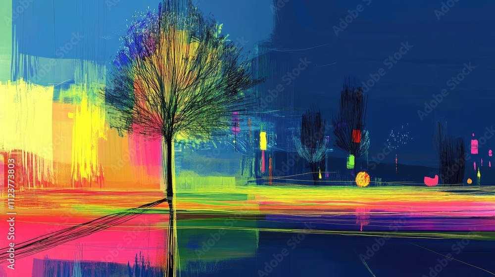 Fototapeta premium Colorful tree stands alone in a vibrant urban setting during twilight with soft reflections on the pavement
