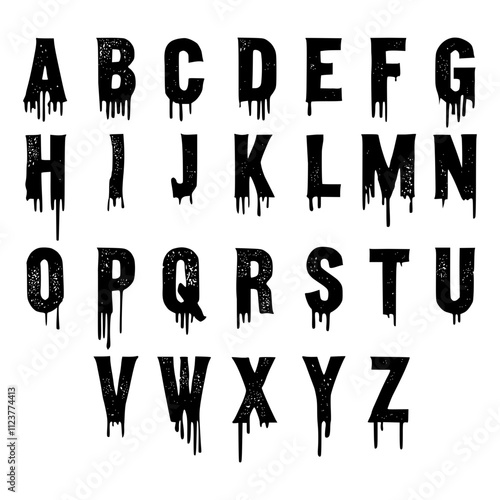 Black halloween grunge alphabet letters set, drip ink alphabet font, creepy horror alphabet, vector illustration, letters graphic, abc halloween, font bundle in upper case