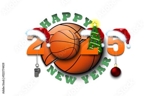 Happy new year. 2024 with basketball ball. Numbers in Christmas hats with whistle and Christmas tree ball. Original template design for greeting card. Vector illustration on isolated background