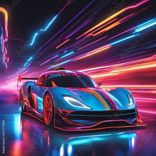 A modern sports car drives quickly through an abstract light tunnel . Futuristic sports car. 3d render