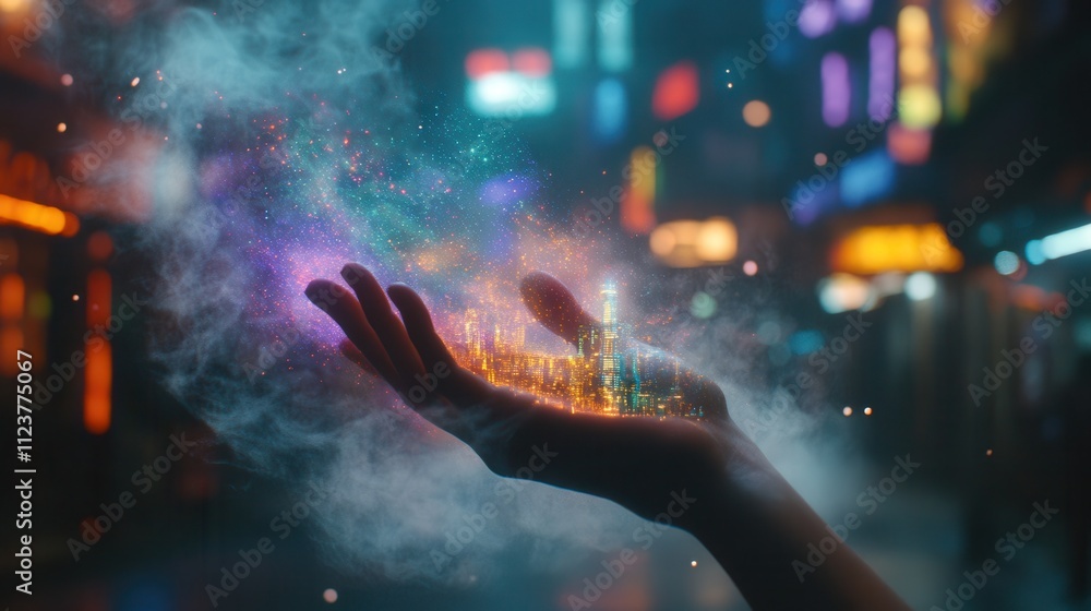 Fototapeta premium A dynamic low angle close-up of a hand emitting a vibrant holographic urban skyline, enveloped in soft mist and glowing particles, with a dark and mysterious cityscape in the background