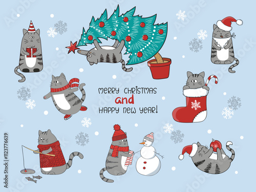 Christmas and New Year set with cute cartoon cats. Vector holiday collection with Christmas tree, stocking and Santa hat