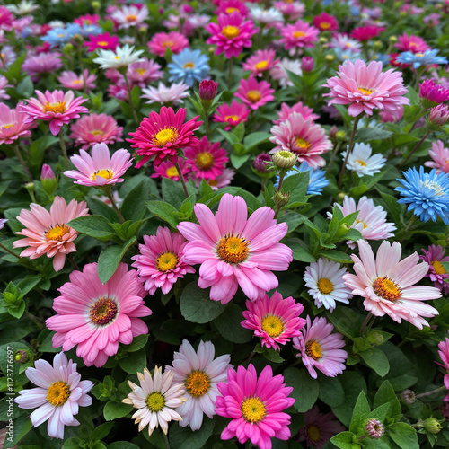 Gros plan de marguerites roses et mauves dans un jardin fleuri printanier