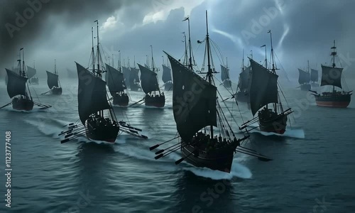 Naval fight with epic sailing vessels in action photo