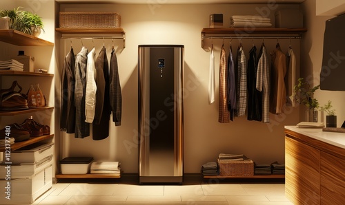 modern tankless water heater installed in a basement, the unit is connected to copper pipes and is mounted on a wall in a clean, organized utility room. photo