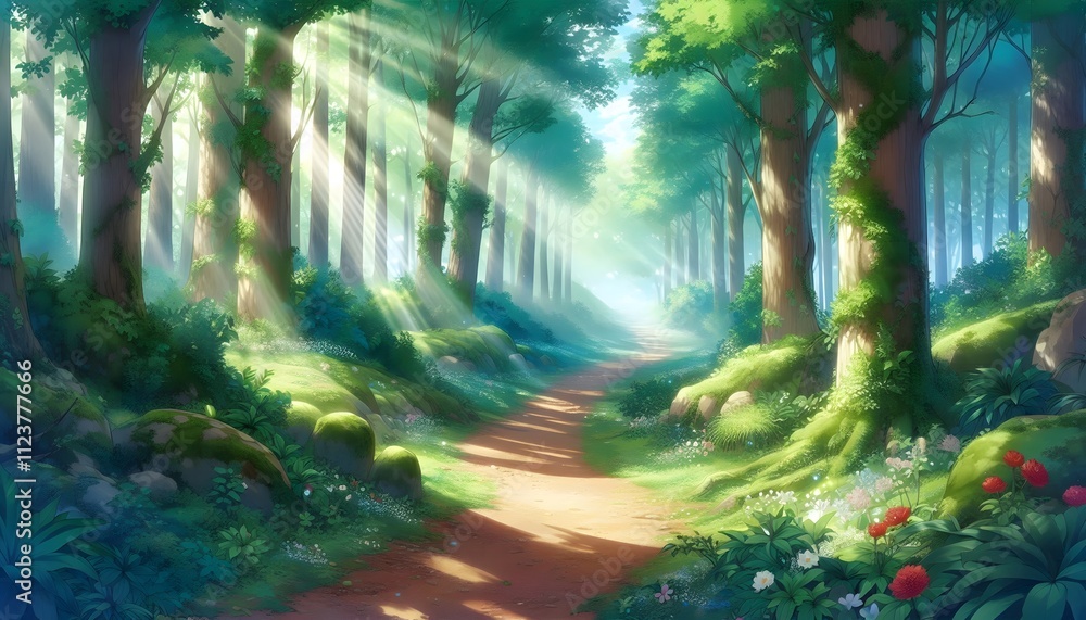 Obraz premium Anime sunny summer forest background