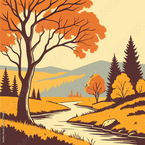 Collection of autumn river landscapes for banner, web site, social media. Editable vector illustration with beautuful fall scenery, orange and yellow trees in forest