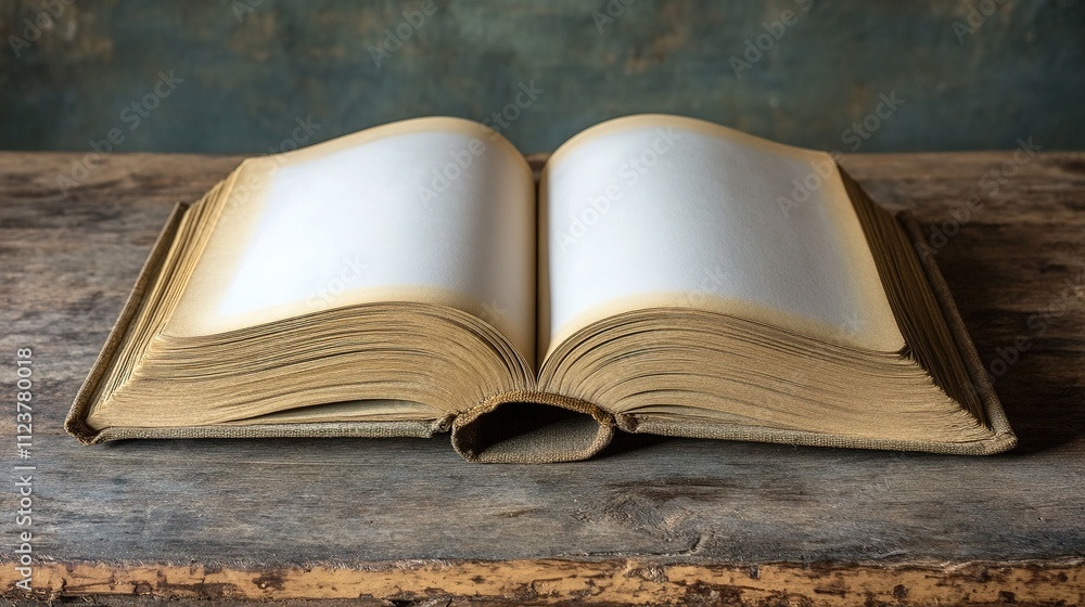 Obraz premium open book with blank pages lies on rustic wooden table softly illuminated by natural light surrounded by copy space