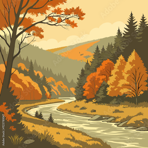 Collection of autumn river landscapes for banner, web site, social media. Editable vector illustration with beautuful fall scenery, orange and yellow trees in forest