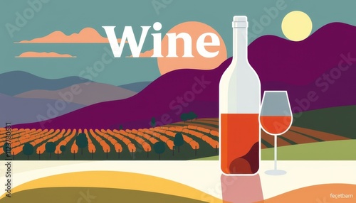 Vibrant sunset over a vineyard with wine bottles highlighting nature's bounty