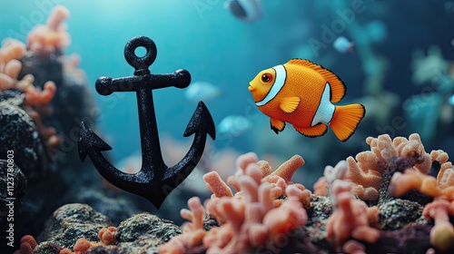 3D rendering illustration of a coral reef of the underwater world with a golden fish and a black sail anchor, rendering of a cartoon composition for diving or snorkeling.  photo