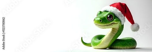 Banner with green smiling snake in Santa Claus red hat, symbol of year 2025