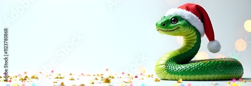 Banner with green smiling snake in Santa Claus red hat, symbol of year 2025