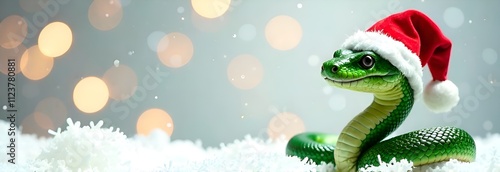 Banner with green smiling snake in Santa Claus red hat, symbol of year 2025